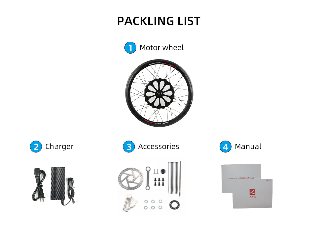 Imagen de la lista de embalaje del Kit de Conversión de Bicicleta Eléctrica Serie KX de LVBU